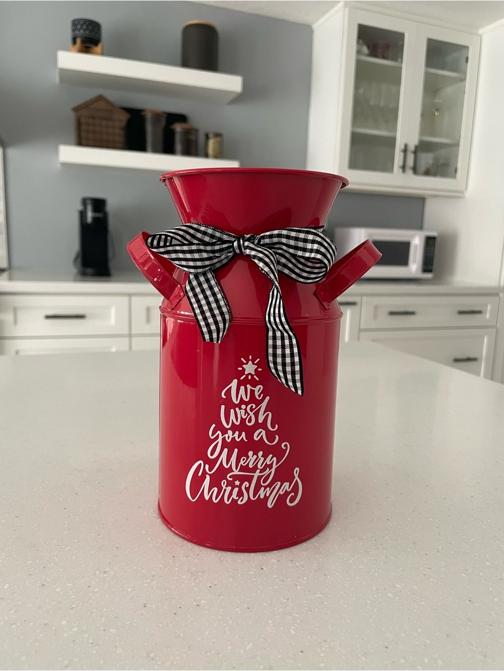 Old East Main Co Red Metal Christmas Milk Can Vase Gingham Bow Holiday Decor